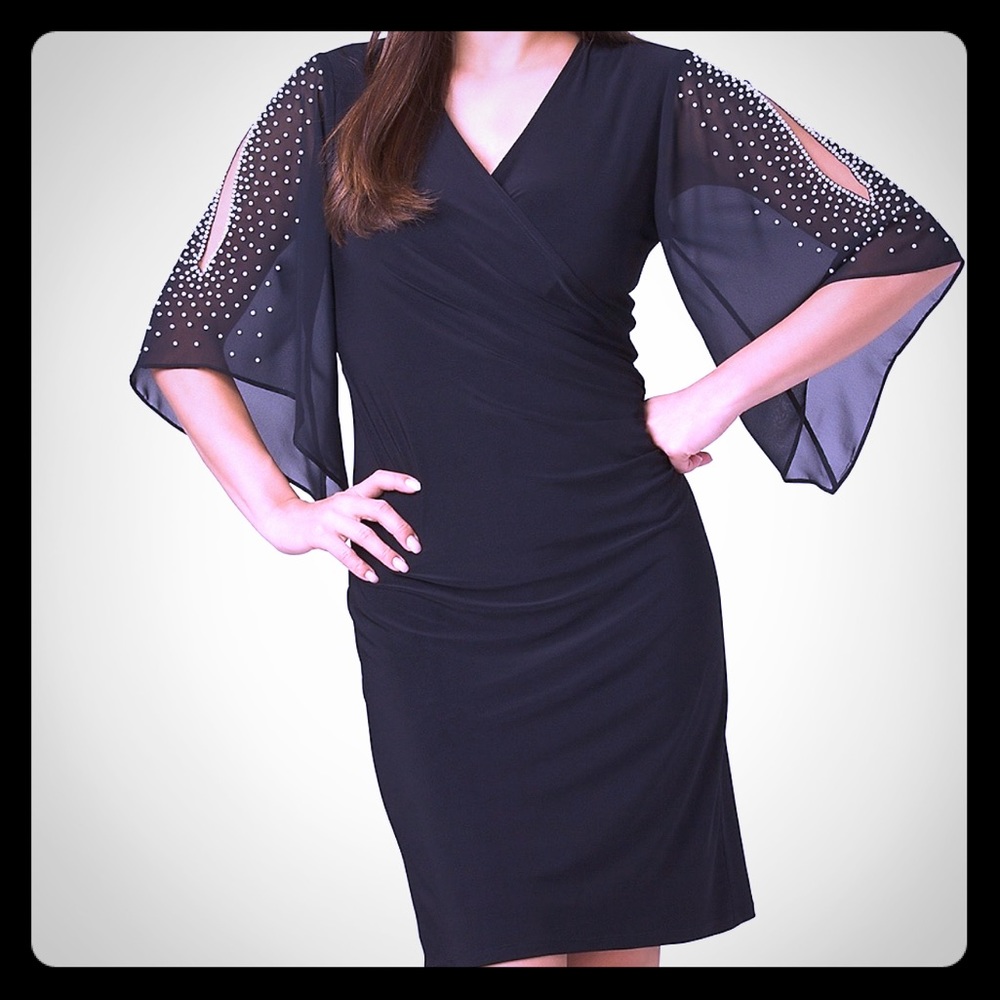 EMBELLISHED SPLIT-SLEEVE FAUX-WRAP DRESS